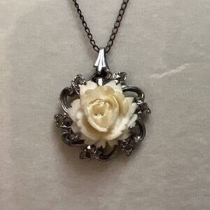 Vtg Florenza celluloid flower scrolling filigree marcasite Victorian Revival HTF